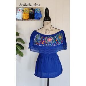 New Mexican Peasant Embroidered Blouse Off Shoulder Floral Top Handmade Sz M